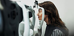 Optometry, clinic and woman with laser machine for eye exam, consulting and eyesight for vision. Healthcare, tools and patient with scanner for checkup, medical service and ophthalmology appointment