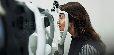 Buy stock photo Optometry, clinic and woman with laser machine for eye exam, consulting and eyesight for vision. Healthcare, tools and patient with scanner for checkup, medical service and ophthalmology appointment