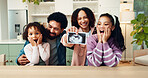 Pregnancy, scan and video call with family in home for support, announcement and streaming pov. Baby update, social media and excited with parents and children in house for portrait and news