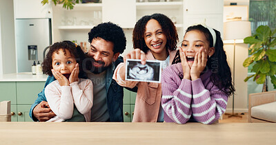 Buy stock photo Pregnancy, scan and video call with family in home for support, announcement and streaming pov. Baby update, social media and excited with parents and children in house for portrait and news