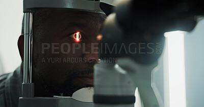 Buy stock photo Optometry, laser and man with machine for eye exam, consulting and eyesight for vision. Healthcare, tools and patient with retina scanner for checkup, medical service and ophthalmology appointment