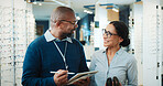 Optometry, tablet and happy with people in store for  consulting, glasses advice and discussion. Lens fitting, online prescription and eye care with client and optometrist in clinic for ophthalmology