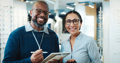 Buy stock photo Optometry, tablet and portrait with people in store for  consulting, glasses advice and discussion. Lens fitting, online prescription and eye care with client and optometrist for ophthalmology