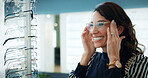 Customer, optometry or happy woman with glasses in store for frame option, selection or choice. Female person, client or decision with smile or spectacles for vision, sight or shopping eyewear