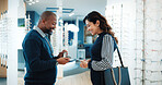 Businessman, optometrist and customer with glasses in store for recommendation or suggestion. Man, sales representative or optometry shop with spectacles or case for client vision, sight or choice