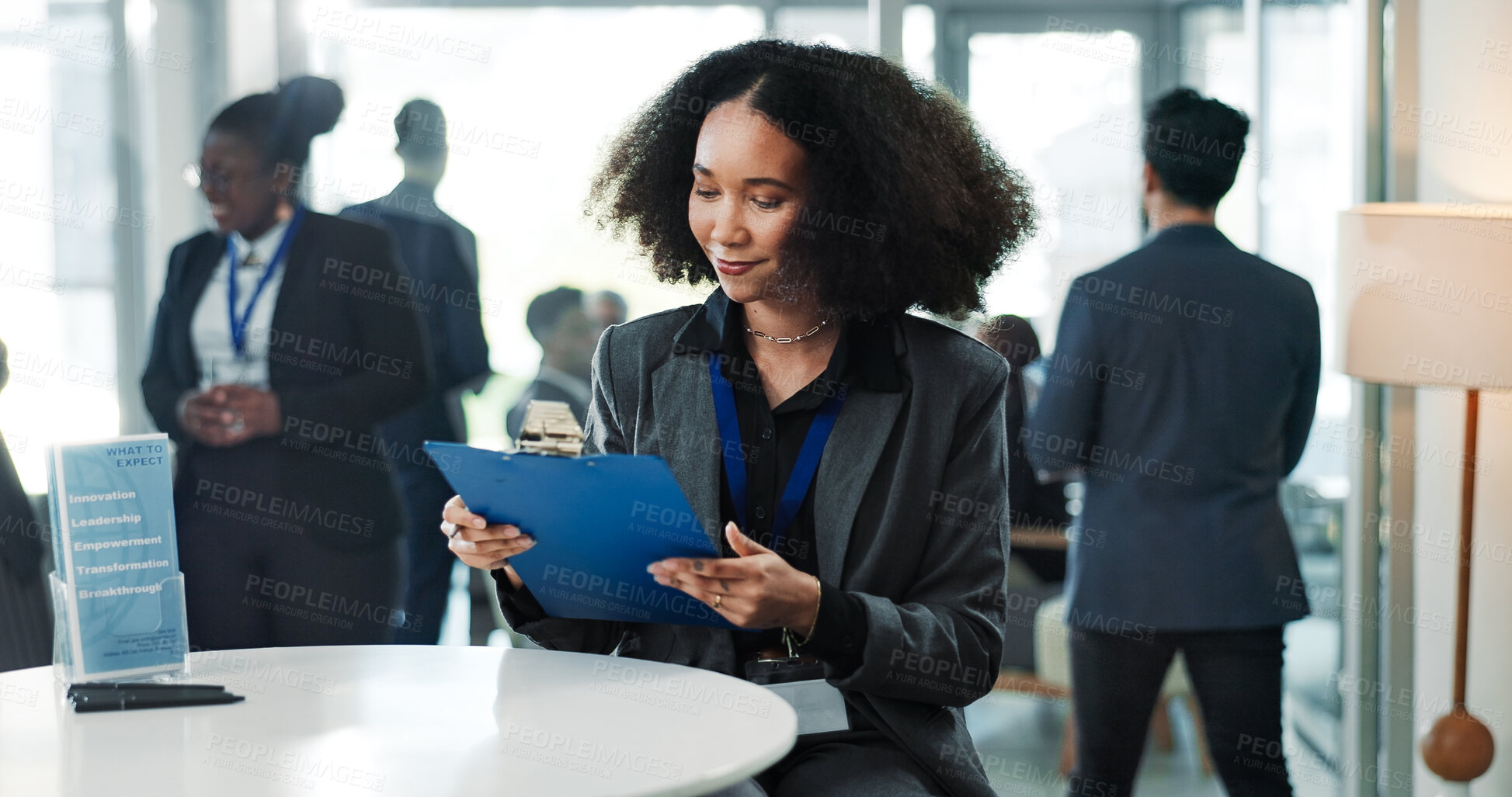 Buy stock photo Businesswoman, smile and reading clipboard in seminar, registration or preparation for presentation. Event, check in and happy person with checklist, innovation and review schedule in conference