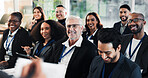 Business, presentation or man at seminar with smile, crowd attention or budget review at conference. Happy, finance advisor or audience with learning, target setting or engagement at corporate event.