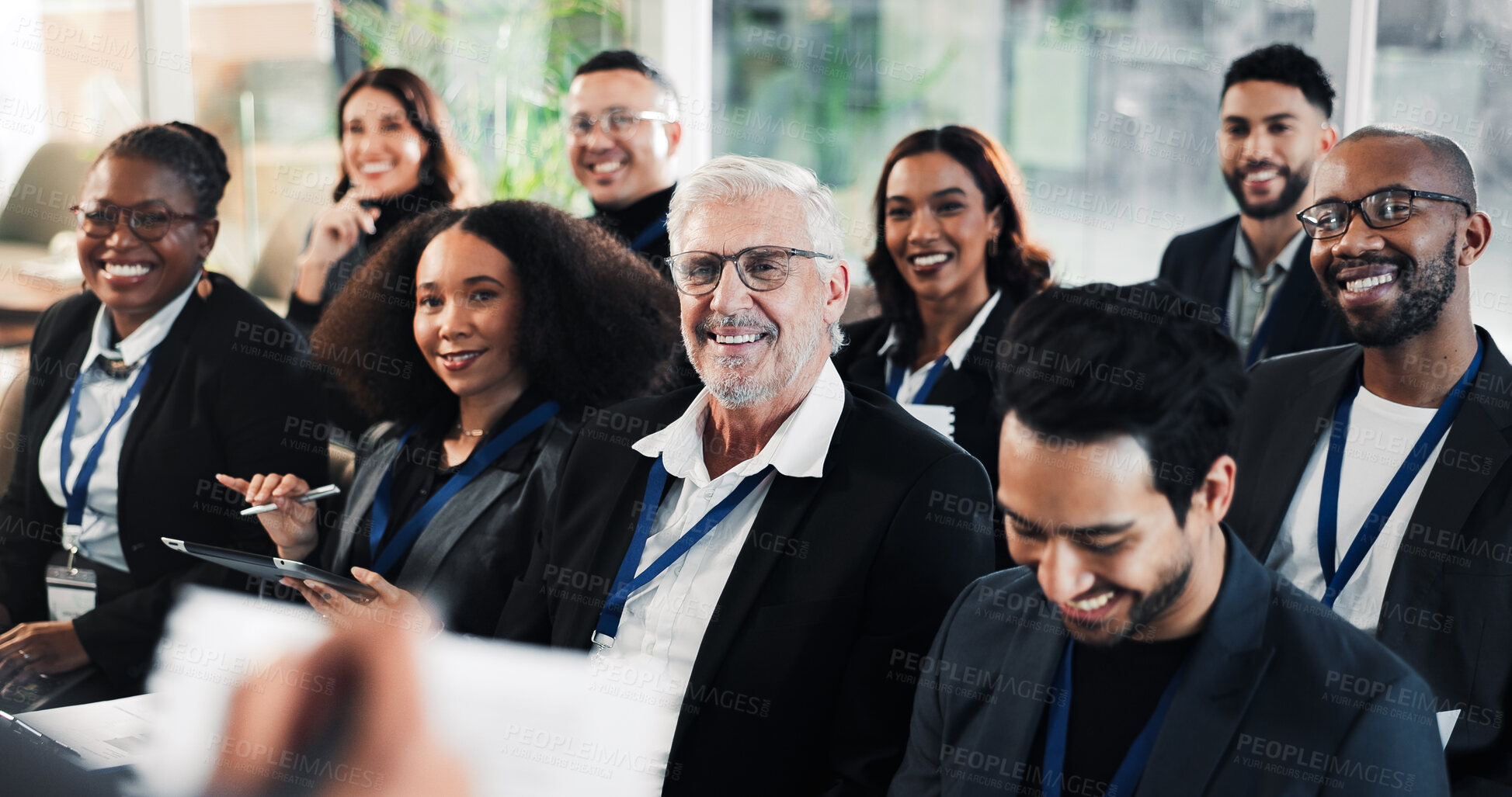 Buy stock photo Business, presentation or man at seminar with smile, crowd attention or budget review at conference. Happy, finance advisor or audience with learning, target setting or engagement at corporate event.