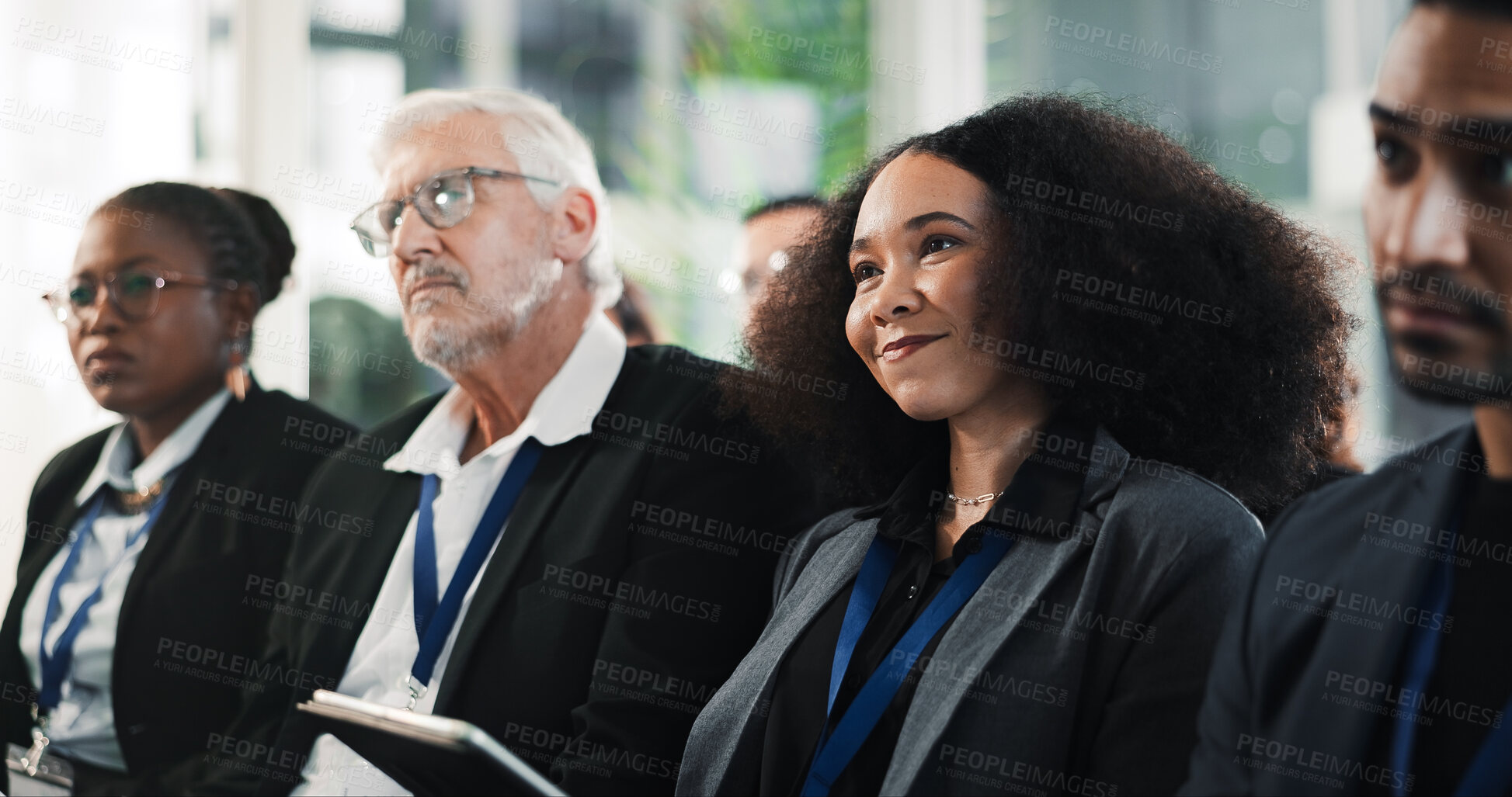 Buy stock photo Woman, tablet or audience in seminar for business, upskill workshop or smile for feedback. Employee, crowd or tech in conference for company training, group engagement or happy for career development