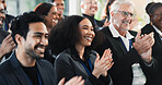 Success, crowd or woman at seminar with clap, achievement and celebration for company growth. Happy, victory and employees with conference, audience applause and motivation for business milestone.
