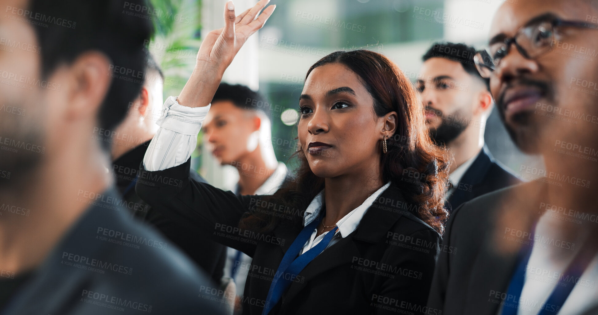 Buy stock photo Woman, question or audience in conference for business, upskill workshop or staff engagement. Employee, crowd or hand raised in seminar for career training, presentation FAQ or opportunity for advice