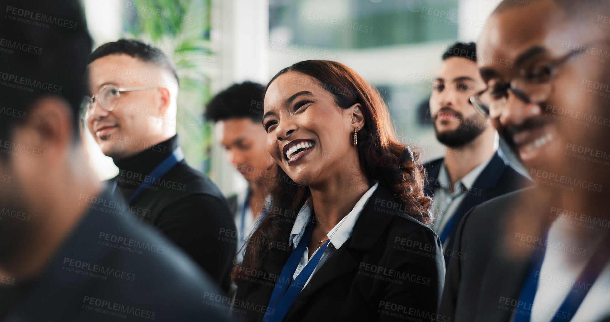 Buy stock photo Woman, happy and audience in conference for business, upskill workshop and finance course. Employee, crowd and attention in seminar for financial training, presentation and career development