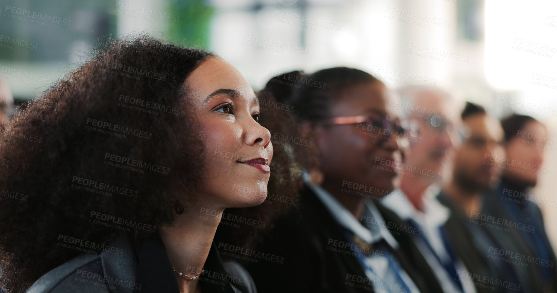 Buy stock photo Business, presentation or woman at event with smile, crowd attention or budget review at conference. Happy, finance advisor or audience with learning, goal setting or engagement at corporate seminar.