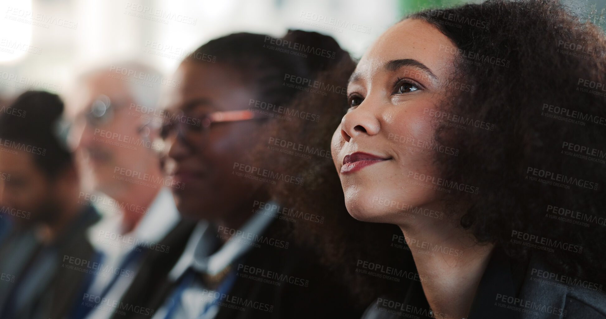 Buy stock photo Presentation, crowd or woman at event with training, attention or budget review at conference. Happy, finance advisor or audience with learning, target coaching or engagement at corporate seminar.