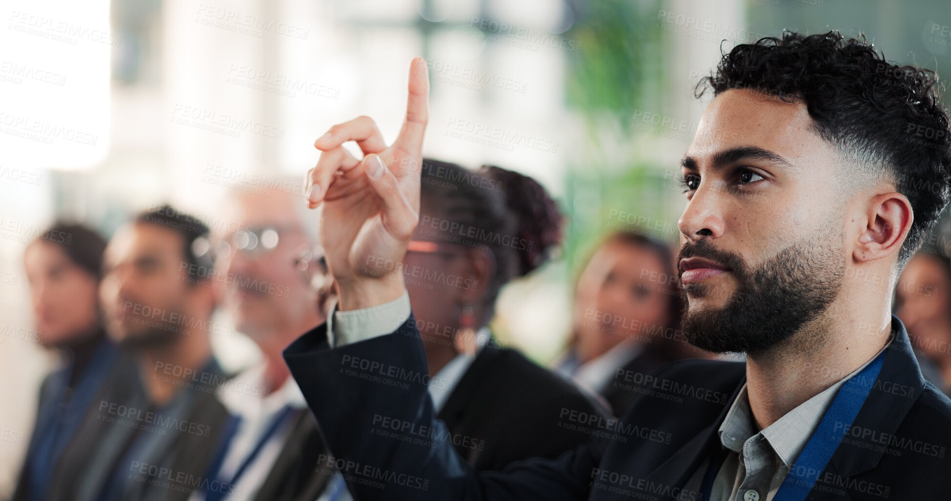 Buy stock photo Man, question or audience in conference for business, upskill workshop or staff engagement. Employee, crowd or hand raised in seminar for company training, presentation FAQ or opportunity for advice