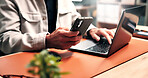 Hands, phone and man with laptop in office for research, website and digital notes for copywriting. Publishing, creative and person on tech for online article, story and email for editor feedback 