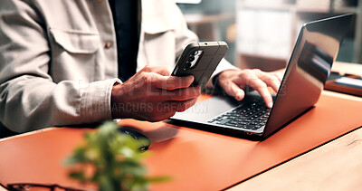 Buy stock photo Hands, phone and man with laptop in office for research, website and digital notes for copywriting. Publishing, creative and person on tech for online article, story and email for editor feedback 