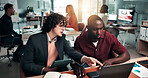 Business, team and data analysis in office with laptop, discussion and review marketing performance. People, talk and point in agency with computer, graphs and projection for ad campaign statistics.