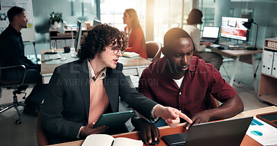 Buy stock photo Business, team and data analysis in office with laptop, discussion and review marketing performance. Coworking, people and point in agency with computer, graphs and projection for ad campaign stats.