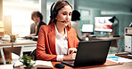 Laptop, agent and happy woman with headset in office for customer service or communication. Female person, consultant or smile with mic or computer for virtual assistance, support or CRM in workplace