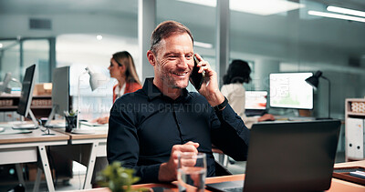 Buy stock photo Finance, laptop and phone call with business man in workplace for advice or investment feedback. Communication, computer and smile of mature employee in coworking office for financial management