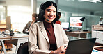 Portrait, consultant and happy woman with headset in office for customer service or communication. Female person, agent or smile with mic or computer for virtual assistance or support in workplace