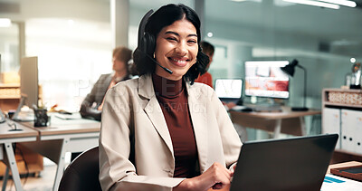 Buy stock photo Portrait, consultant and happy woman with laptop in office for customer service or communication. Female person, agent or coworking with computer for virtual assistance or support in workplace