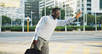City, wave and business man for public transport, travel and trip for career, work and morning commute. Waiting, professional and African person with gesture to call taxi, ride and journey in town   
