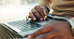 Hands, business and person in city with laptop, research and valuation report for real estate. Realtor, typing and information in town with pc, pricing property and bidding comparison for auction