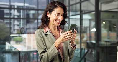 Buy stock photo Businesswoman, laughing and texting with phone in office, real estate or communication with contact. Happy, realtor and mature person with mobile, online and property marketing on social media app