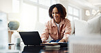 Finance, sofa and happy woman with laptop in home for budget planning, expenses or bills. Excited, female person or financial investment on computer for accounting, audit or asset management in house