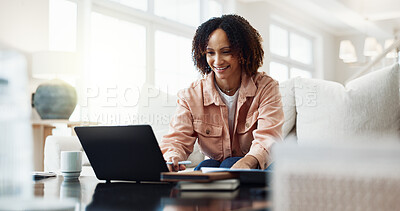Buy stock photo Finance, sofa and happy woman with laptop in home for budget planning, expenses or bills. Smile, mature person or financial investment on computer for accounting, audit or asset management in house
