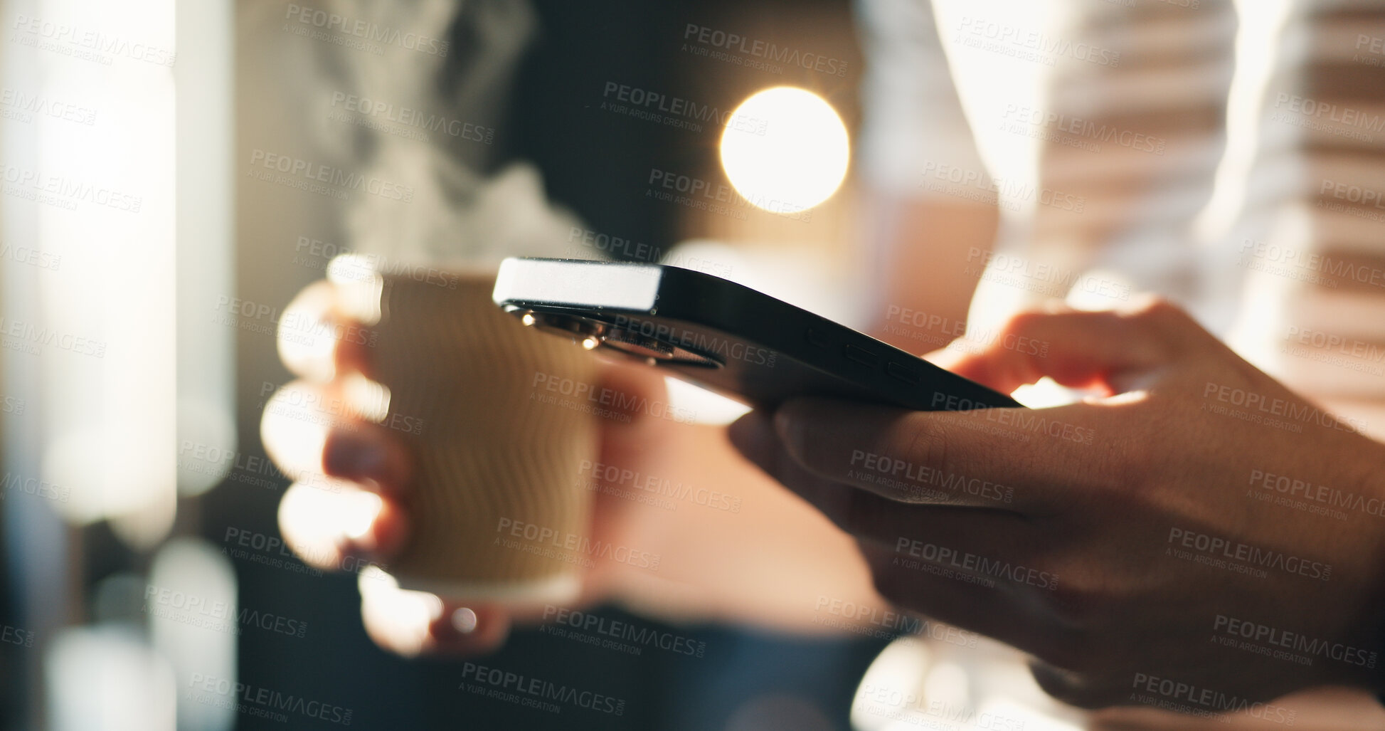 Buy stock photo Phone, typing and hands of businessperson in office with texting, research or email communication. Technology, coffee and employee with cellphone for project feedback on mobile app in workplace.