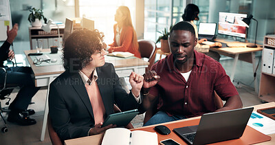 Buy stock photo Team, tech and business people with fist bump for financial success, profit growth and investment. Happy, coworking and men with good news for budget approval, finance review and celebrate bonus