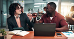 Team, tech and business men with fist bump for financial success, profit growth and investment. Happy, coworking and people with good news for budget proposal, finance review and celebrate bonus
