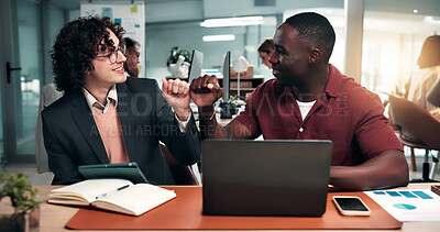 Buy stock photo Team, tech and business men with fist bump for financial success, profit growth and investment. Happy, coworking and people with good news for budget proposal, finance review and celebrate bonus