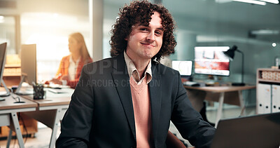 Buy stock photo Portrait, smile and businessman with laptop in business, accountant and confident for career growth. Corporate, financial advisor and happy person with tech, online and pride for job opportunity