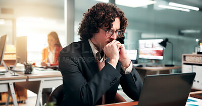 Buy stock photo Laptop, problem solving and business man in company with financial email, confused or data analysis. Computer, reading chart and serious analyst in office for thinking, investment doubt or coworking