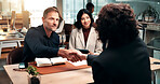 HR, smile and handshake with applicant, job interview and agreement for career growth or opportunity. Happy people, discussion and hiring process in meeting, vacancy and shaking hands with candidate