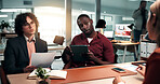 HR, team and men with documents, interview or questions for candidate for job opportunity in office. Business, recruitment and people with tablet, vacancy and discussion with applicant in meeting