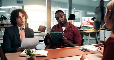 Buy stock photo HR, team and men with documents, interview or questions for candidate for job opportunity in office. Business, recruitment and people with tablet, vacancy and discussion with applicant in meeting