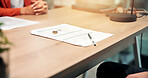 Office, ring and people with documents for divorce paperwork, contract and separation agreement. Lawyer, couple and custody deal with pen for marriage failure, settlement and relationship mistake