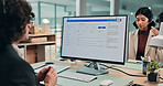 Business, man and screen at call centre with computer, script and customer service for finance. Back, advisor and coworking in office with tech, billing inquiry and account balance for financial crm