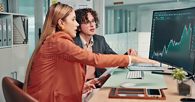 Buy stock photo Meeting, chart and business people with computer screen for finance, trading analysis and investment. Team, talking and workers on pc with graph for financial report, stock market and risk assessment