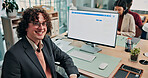 Portrait, man and screen at call centre with computer, script and customer service for finance. Smile, advisor and coworking in office with tech, billing inquiry and account balance for financial crm