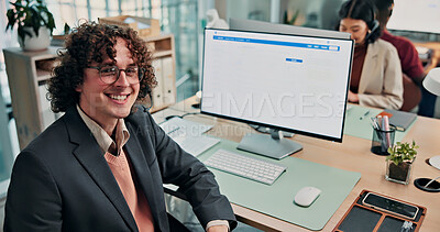 Buy stock photo Portrait, man and screen at call centre with computer, script and customer service for finance. Smile, advisor and coworking in office with tech, billing inquiry and account balance for financial crm