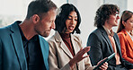 Job interview, waiting room and people with tablet, discussion or question preparation with research. Company, recruitment and happy candidates with tech, talk and planning for hiring assessment
