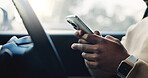 Hands, phone and man in car for travel, online directions and search location for commute. Typing, vehicle and person on smartphone for map, directions and internet for trip, journey and transport