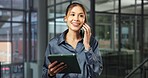 Tablet, office and business woman with phone call, finance advice or good news for investment client. Happy, tech and person on cellphone for communication, contact or chat for financial consulting