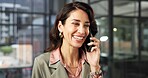 Happy, office and business woman with phone call, finance advice or good news for investment client. Laugh, mature  and person on cellphone for communication, contact or chat for financial consulting